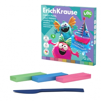 Пластилин классический плавающий ErichKrause Jolly Friends Candy Pearl 12 цветов со стеком, 216 г (в коробке 12 шт) арт.