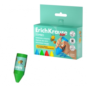 Восковые мелки ErichKrause Baby Jumbo Bee Wax утолщенные круглые, 4 цвета (в коробке с европодвесом 4 шт) арт.65454