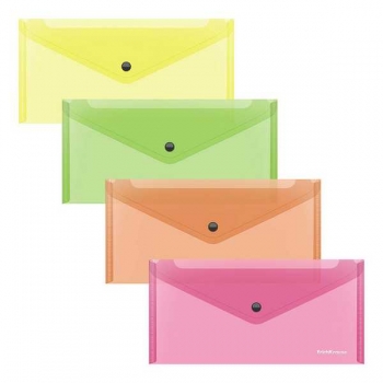 Папка-конверт Travel (255*130*9мм) на кнопке ErichKrause Glossy Neon полупрозрачная арт.50304