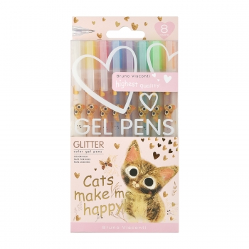 НАБОР ГЕЛЕВЫХ РУЧЕК GLITTER. КОТИКИ ДЕЛАЮТ НАС СЧАСТЛИВЫМИ С БЛЁСТКАМИ, 1.0 мм, 8  цветов арт.20-0369