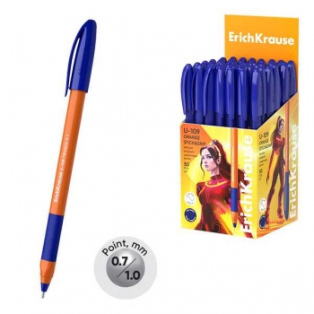 Ручка шариковая ErichKrause U-109 StickGrip Orange, 0.7мм, игольч.узел, одноразовая, синяя арт.47591