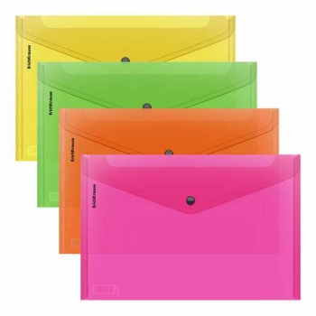 Папка-конверт А4 на кнопке ErichKrause Glossy Neon, 180мкм, полупрозрачная, ассорти арт.50300
