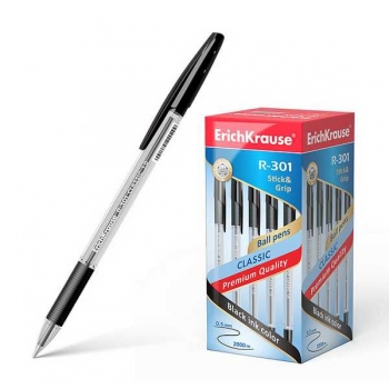 Ручка шариковая ErichKrause R-301 CLASSIC Stick and Grip, 1.0мм, черная арт.39528 Ручка шариковая ErichKrause R-301 CLASSIC Stick and Grip, 1.0мм, черная арт.39528