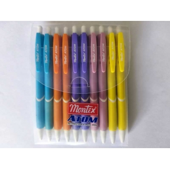 Ручка Montex автомат. Atom с син. стержнем, пластм.клип, мет. наконечник,резин. держ-ль,треуг.корпус, ассорти арт.Atom