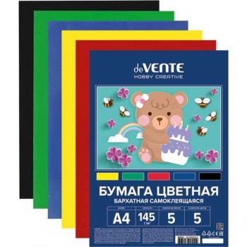 Набор цветной бумаги А4 5 цв. (5 л.) deVENTE, 145г/м2, бархатная самоклеящаяся арт.8040511