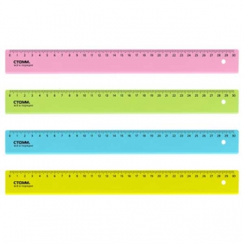 Линейка 30 см СТАММ, пластиковая, прозрачная, неоновые цвета, ассорти арт.ЛН32