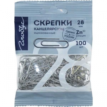 Скрепки канцелярские L28 мм, 100 шт. оцинкованные, в пакете с европодвесом флоу-пак арт.С28-100ЦПл