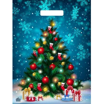 Мешок  новогодний 40х31см ПВД 60мкм глянцевый с вырубной ручкой, Яркая елочка арт.н00245468