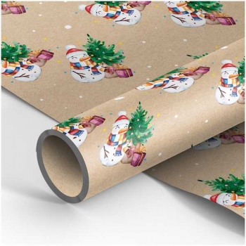 Бумага подарочная новогодняя 70*100см, MESHU крафт Снеговик в рулонах, 70 г/м2, 1 лист арт.MS_53453