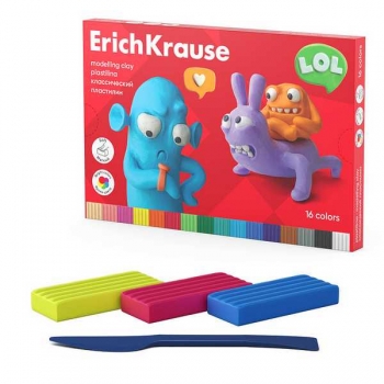 Пластилин ErichKrause Jolly Friends 16 цв. 288 г, со стеком,  классический арт.61348