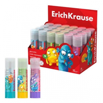 Клей-карандаш ErichKrause EasyStick Jolly Friends, 15г, цветной (в коробке-дисплее по 24 шт.) арт.60911