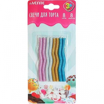 Набор свечей для торта deVENTE Glitter Zig-Zag 8 разноцв. свечек с блестками и 8 держателей, в карт. блист арт.9060000