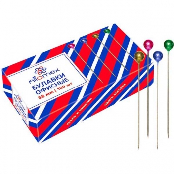 Булавки офисные Attomex, 38мм, 100 шт., цветная шляпка, карт. кор.  арт.4130300