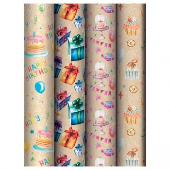 Бумага подарочная 70*100см крафт MESHU Happy birthday в рулонах, 70 г/м2, 1 лист, 5 дизайнов арт.MS_62814