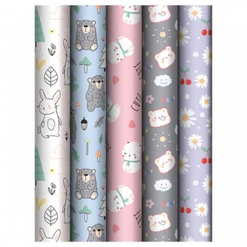 Бумага подарочная 70*100см,  MESHU Cute friends в рулонах, 80 г/м2, 1 лист, глянцевая, 5 дизайнов арт.MS_62803
