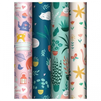 Бумага подарочная 70*100см,  MESHU Cozy home в рулонах, 80 г/м2, 1 лист, глянцевая, 4 дизайна арт.MS_62819