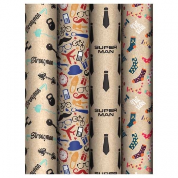 Бумага подарочная 70*100см крафт MESHU Super Man в рулонах, 70 г/м2, 1 лист, 4 дизайна арт.MS_62824