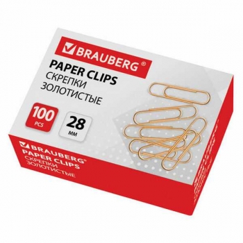 Скрепки BRAUBERG золотистые 28мм, 100шт, в карт коробочке арт.221529