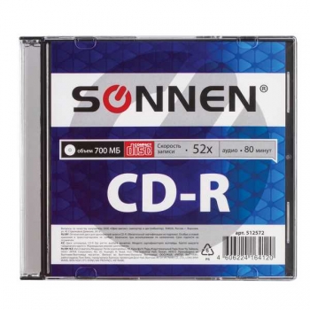 Диск CD-R SONNEN 700 Mb, 52x, Slim Case (1 штука) арт.512572