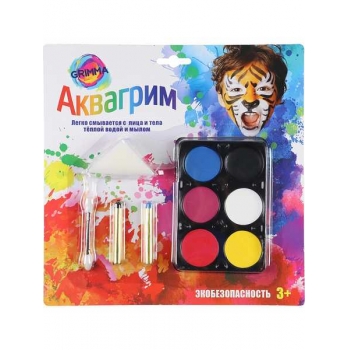 Набор для детей Аквагрим для лица и тела , 6цв,карандаш 2 шт(черн,гол.),спонж 1 шт,апплик. 1 шт,в европодв. арт.КС-3595