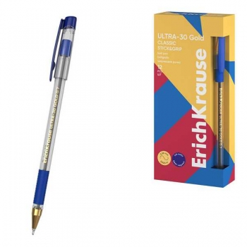 Ручка шариковая ErichKrause ULTRA-30 Gold StickGrip Classic, 0.7мм, игольч. узел, синяя арт.63112