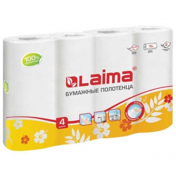 Полотенца бумажные  LAIMA двухслойные, белые, 4 рул. арт.128725