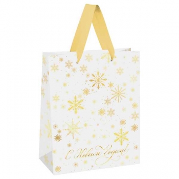 Пакет подарочный НОВОГОДНИЙ 33х42х12см MESHU Gold snowflake, фольга, матовая ламинация арт.MS_66242