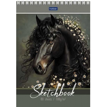 Скетчбук-блокнот А5 80л. на гребне Hatber Вороная грация, 100г/м2, тв. подложка арт.80Б5Aгр_34436