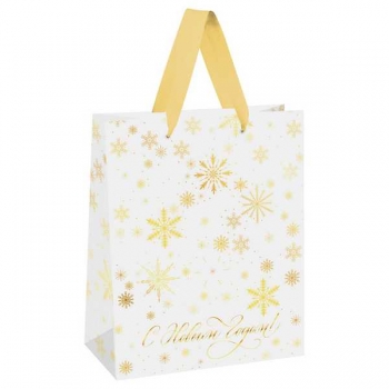 Пакет подарочный НОВОГОДНИЙ 26х32х12см MESHU Gold snowflake, фольга, матовая ламинация арт.MS_66171