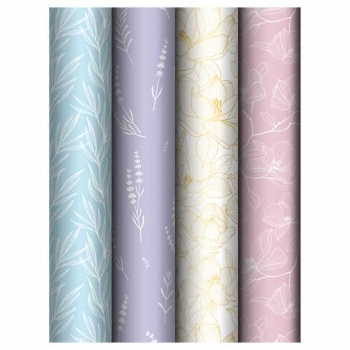 Бумага подарочная 70*100см,  MESHU Flowers в рулонах, 80 г/м2, 1 лист, глянцевая, 4 дизайна арт.MS_66832