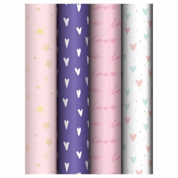 Бумага подарочная 70*100см,  MESHU Love pattern в рулонах, 80 г/м2, 1 лист, глянцевая, 4 дизайна арт.MS_66827