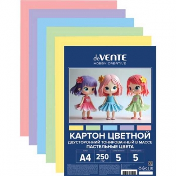 Набор цветного картона А4 5 цв. (5 л.) deVENTE, 250г/м2, ДВУСТОРОННИЙ, пастельные цвета арт.8114528
