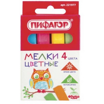 Мелки цветные 4 цв/наб. ПИФАГОР , квадратные, картонная упаковка, европодвес  арт.221977