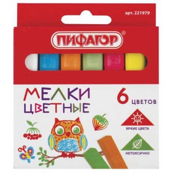 Мелки цветные 6 цв/наб. ПИФАГОР , квадратные, картонная упаковка, европодвес  арт.221979