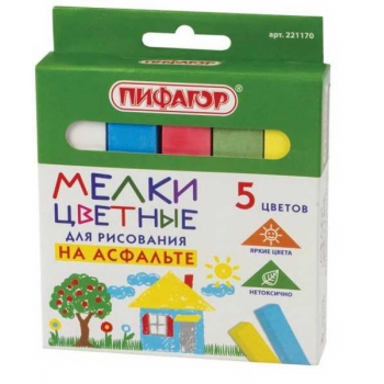 Мелки цветные асфальтовые 5 цв/наб. ПИФАГОР, квадратные, картонная упаковка, европодвес арт.221170